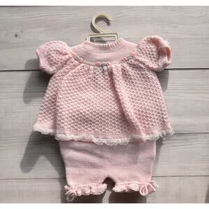 Vintage Baby Infant Crochet Sweater Dress Set Pink Lace Roses Renko Italy